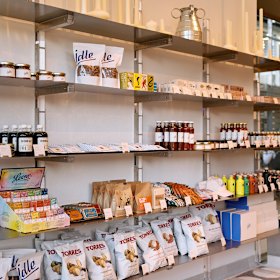 Beyond pastries and brunch, Idle stocks a bunch of pantry items on its back wall.