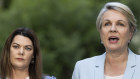 Environment Minister Tanya Plibersek, right, pictured with Greens senator Sarah Hanson-Young, wants to establish a “Wall Street” for nature repair “offsets”.