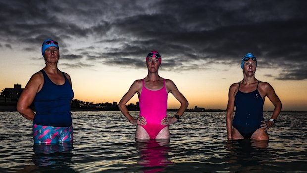 Ocean swimmers (from left) Carrie Thomas, Sarah Galbraith and Sarah Hingston.
