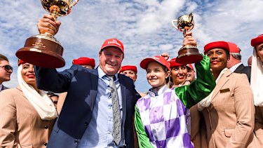 Darren Weir and Michelle Payne after Prince of Penzance won the 2015 Melbourne Cup.