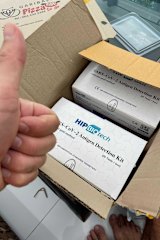 These rapid tests are on their way to Melbourne man Rod Harris, currently undergoing chemo, from a friend in Thailand.