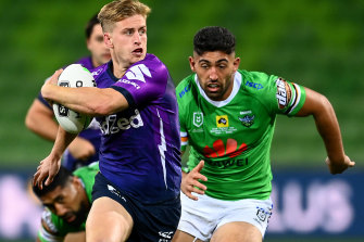 Cameron Munster, left, in action against the Raiders during round three at AAMI Park. 