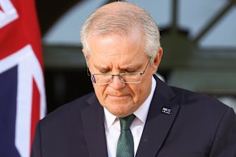 Prime Minister Scott Morrison addressing the media at The Lodge yesterday. 