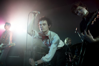 The Sex Pistols performing live in Danny Boyle’s Pistol (l-r): Sid Vicious (Louis Partridge), Johnny Rotten (Anson Boon), Paul Cook (Jacob Slater) and Steve Jones (Toby Wallace).