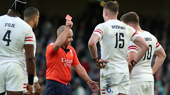 Freddie Steward is shown a red card by referee Jaco Peyper. It was overturned four days after the match.