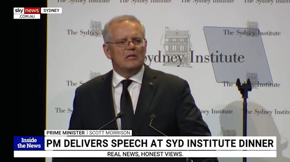 Prime Minister Scott Morrison addresses the Sydney Institute’s annual dinner on Monday night.