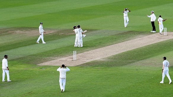 Williamson and Ross Taylor celebrate the winning runs in Southampton.