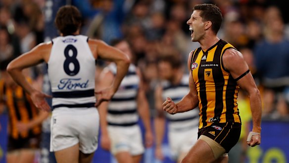 Luke Breust celebrates a key goal against the Cats on Easter Monday.