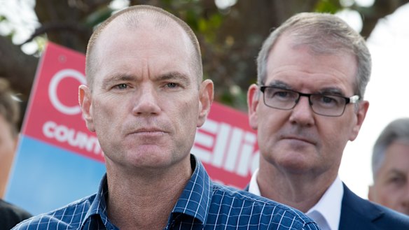 NSW Labor leader Michael Daley, right, campaigns with the Labor candidate for Tweed, Craig Elliot, in Kingscliff, on the NSW North Coast, on Thursday.