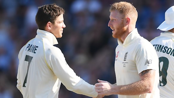 Tim Paine and Ben Stokes shake hands after England's one-wicket victory in the third Test.