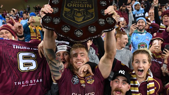 A star is born: Munster with the Origin shield at Suncorp Stadium last year.