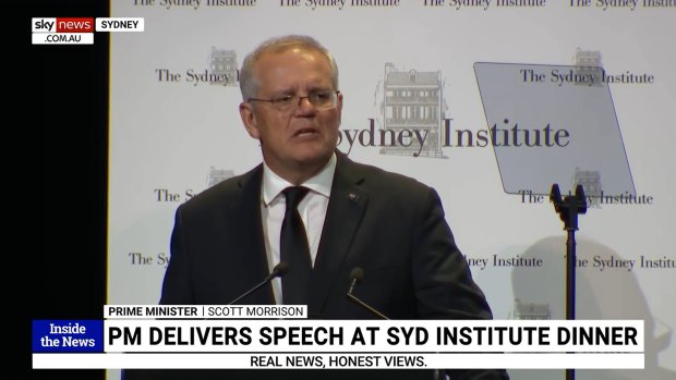 Prime Minister Scott Morrison addresses the Sydney Institute’s annual dinner on Monday night.