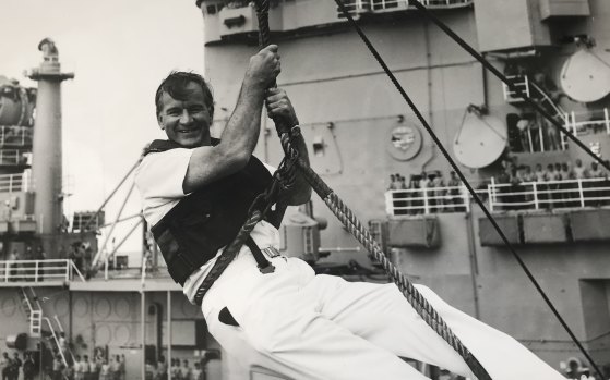 Vice-Admiral David Leach in a bosun's chair.