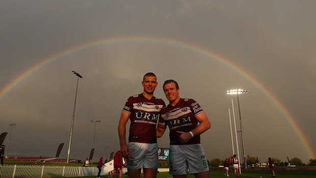 Tom and Jake Trbojevic enjoy the light show after the match at Glen Willow Sporting Complex.