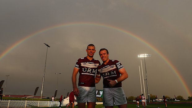 Tom and Jake Trbojevic enjoy the light show after the match at Glen Willow Sporting Complex.