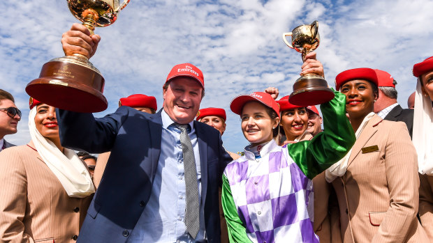 Darren Weir and Michelle Payne after Prince of Penzance won the 2015 Melbourne Cup.