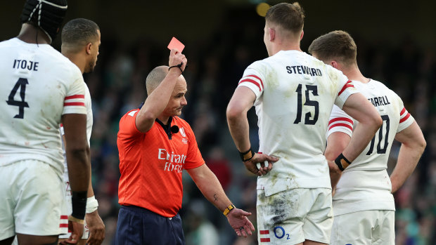 Freddie Steward is shown a red card by referee Jaco Peyper. It was overturned four days after the match.