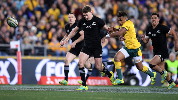 Another click: Beauden Barrett toes the ball ahead for a try after a Wallabies mistake. The All Blacks are masters at exploiting broken-play opportunities.