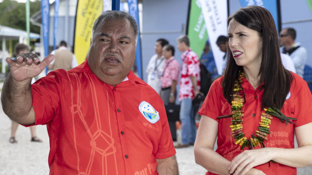 Nauru President Baron Waqa, left, talks with New Zealand Prime Minister Jacinda Ardern at the Pacific Islands Forum in Nauru.