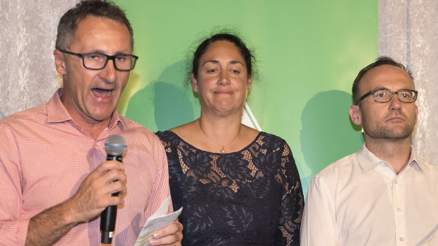Alex Bhathal with Greens leader Richard Di Natale and Melbourne MP Adam Bandt after she lost the Batman byelection in March last year.