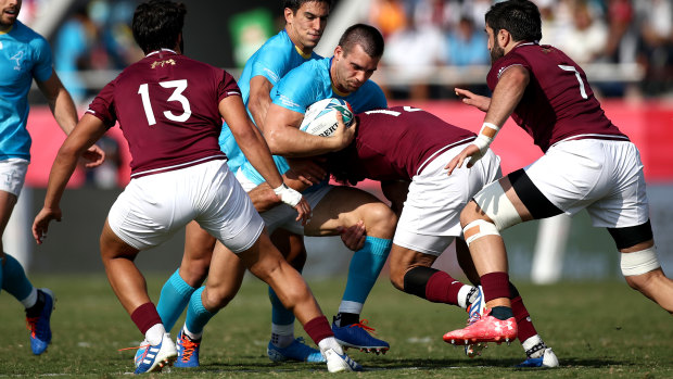 Uruguay vice-captain Andres Vilaseca carries the ball against Georgia on Sunday. 