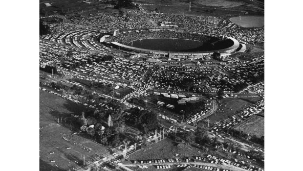 Aerial view of the traffic streaming from the car parks at VFL Park.