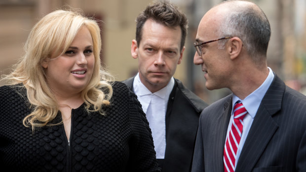 Rebel Wilson with her legal team in her defamation case against Woman's Day, including barrister Matthew Collins, QC (centre).