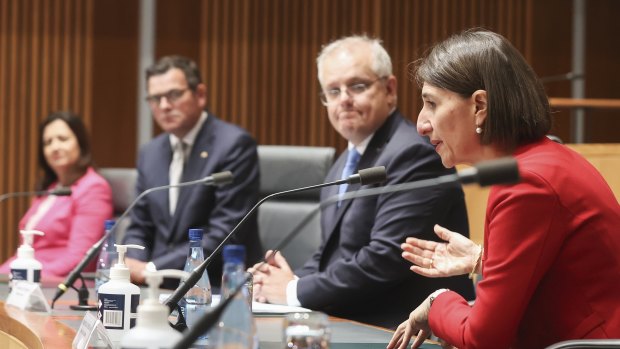 Then NSW premier Gladys Berejiklian (right) addresses a national cabinet meeting in December 2020, alongside Scott Morrison, Daniel Andrews and Annastacia Palaszczuk.