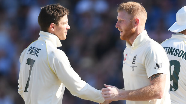 Tim Paine and Ben Stokes shake hands after England's one-wicket victory in the third Test.