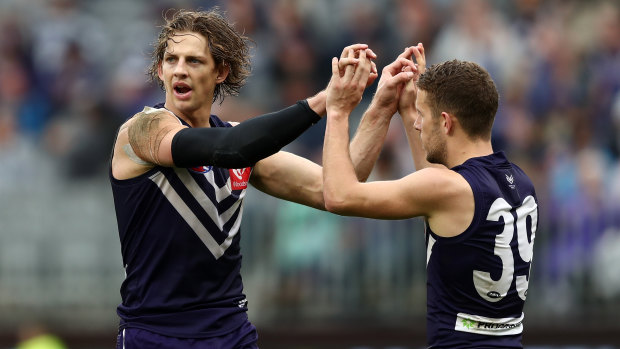 Nat Fyfe with Sam Switkowski, who the Dockers captain expects big things of in 2020.