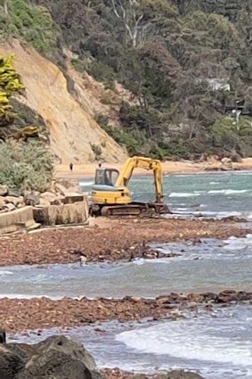 An excavator on a public beach just south of Olivers Hill in Frankston on Sunday.