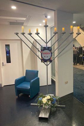  A large hanukkiah stands in the foyer at St Vincent’s Hospital.