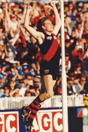 James Hird celebrates a goal in the 1993 decider.