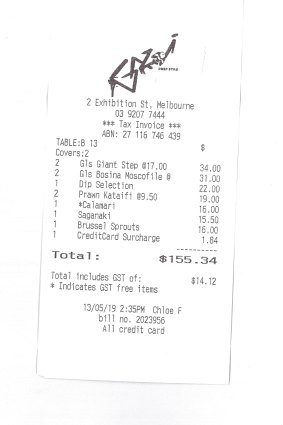 Receipt for lunch with Mary Norris at Gazi.