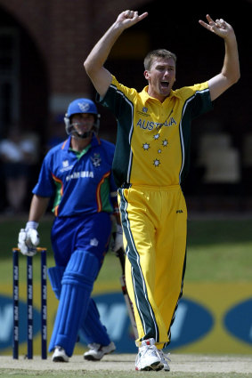 Australia’s Glenn McGrath  celebrates taking the wicket of Namibia’s Bryan Murgatroyd for a duck during the World Cup match in Potchefstroom, South Africa, in 2003.