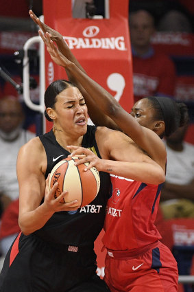 Mystics forward LaToya Sanders guards Liz Cambage during game one of their playoff series.
