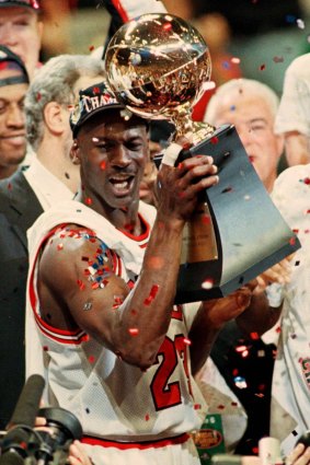 Michael Jordan celebrates NBA title No.5 in 1997. 