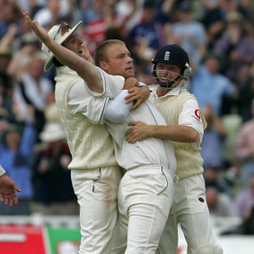 Andrew Flintoff celebrates taking the wicket of Ricky Ponting in England's famous 2-run win in 2005 at Edgbaston.