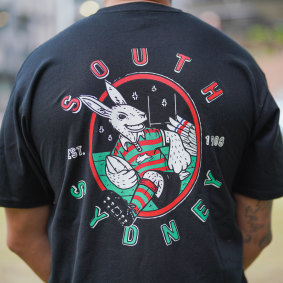 John Sutton sports South Sydney’s provocative “Home Is Where The Heart Is” T-shirt.