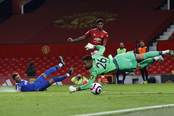 Marcus Rashford scores for United despite Robert Sanchez’s best efforts to keep the ball out of the net.