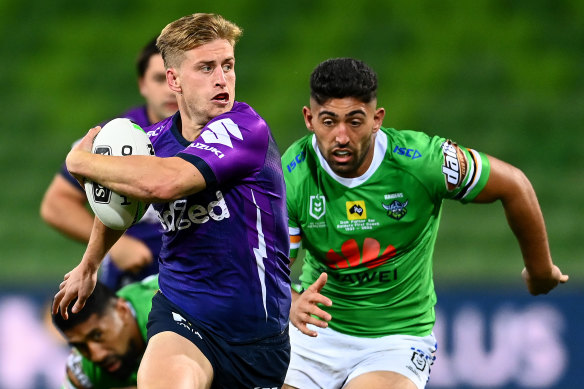 Cameron Munster, left, in action against the Raiders during round three at AAMI Park. 
