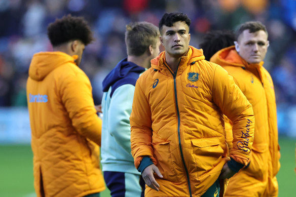 Joseph-Aukuso Suaalii looks dejected after Asustralia’s defeat to Scotland last week.