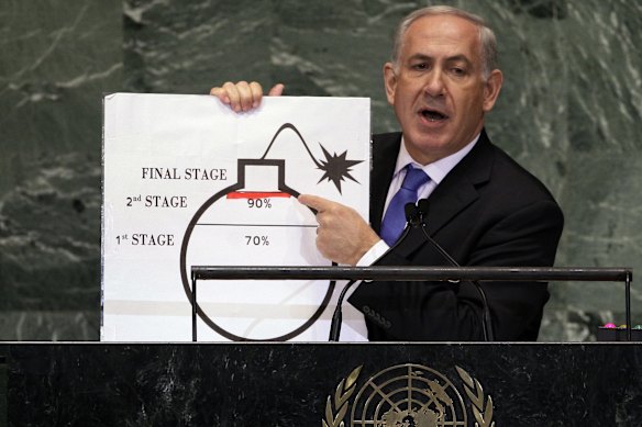 Israeli Prime Minister Benjamin Netanyahu in 2012 with an illustration reflecting his concerns over Iran’s nuclear ambitions during an address to the United Nations General Assembly.
