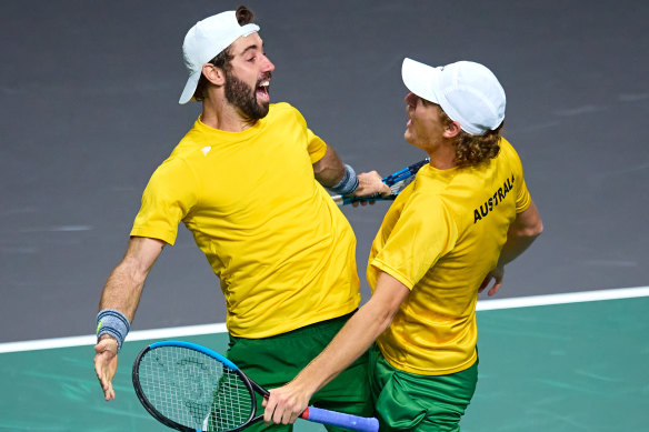Jordan Thompson and Max Purcell celebrate their doubles win over Croatia to make the final of the Davis Cup.