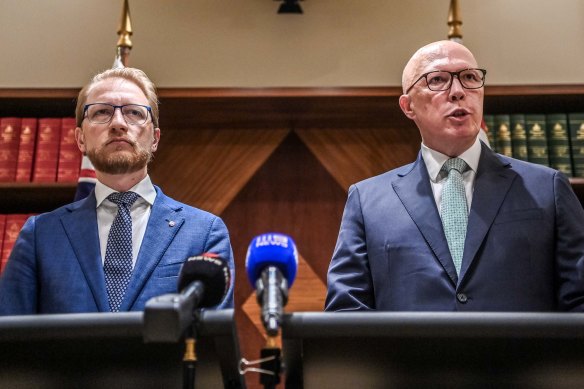 Opposition home affairs spokesperson James Paterson with leader Peter Dutton.