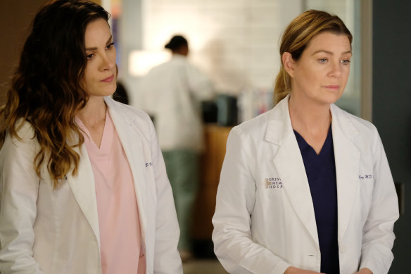 Grey's Anatomy season 16 starring Ellen Pompeo as Meredith Grey, far right.