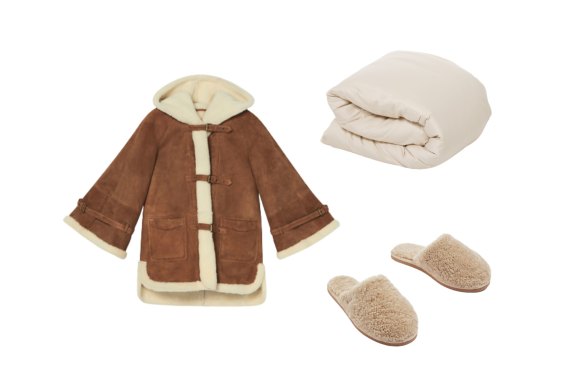 “Falls” coat; “Oat Milk” organic cotton cover; shearling slippers.