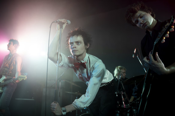 The Sex Pistols performing live in Danny Boyle’s Pistol (l-r): Sid Vicious (Louis Partridge), Johnny Rotten (Anson Boon), Paul Cook (Jacob Slater) and Steve Jones (Toby Wallace).