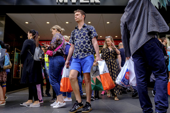 Shoppers outside Myer in the Bourke Street Mall on 'Super Saturday'.