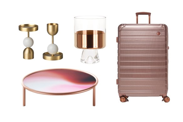 “Beaded Fountain” candle holders; “Sunset” coffee table; “Tank Low Ball” glasses; “Relm” suitcase.